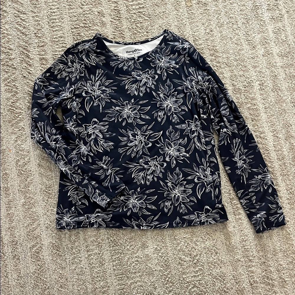 Hang Ten Solara Floral Long Sleeve Crewneck UPF 50+ Sun Tee Navy Large - Picture 3 of 8